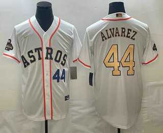 Mens Houston Astros #44 Yordan Alvarez Number 2023 White Gold World Serise Champions Patch Cool Base Stitched Jersey->houston astros->MLB Jersey